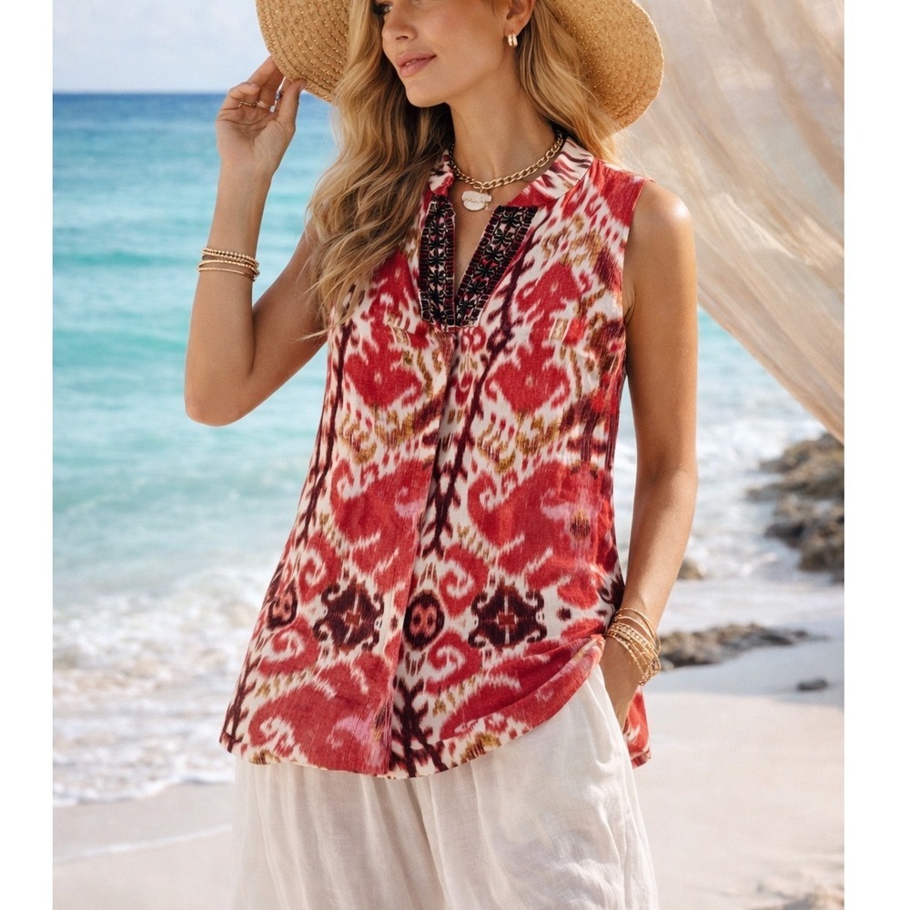 Madison Hill Red Ikat Linen Sleeveless Tunic Top Embroidered Split Neck SZ  8 F3